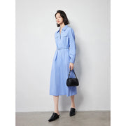 blue striped a-line shirt dress, view 2 - MRSLM