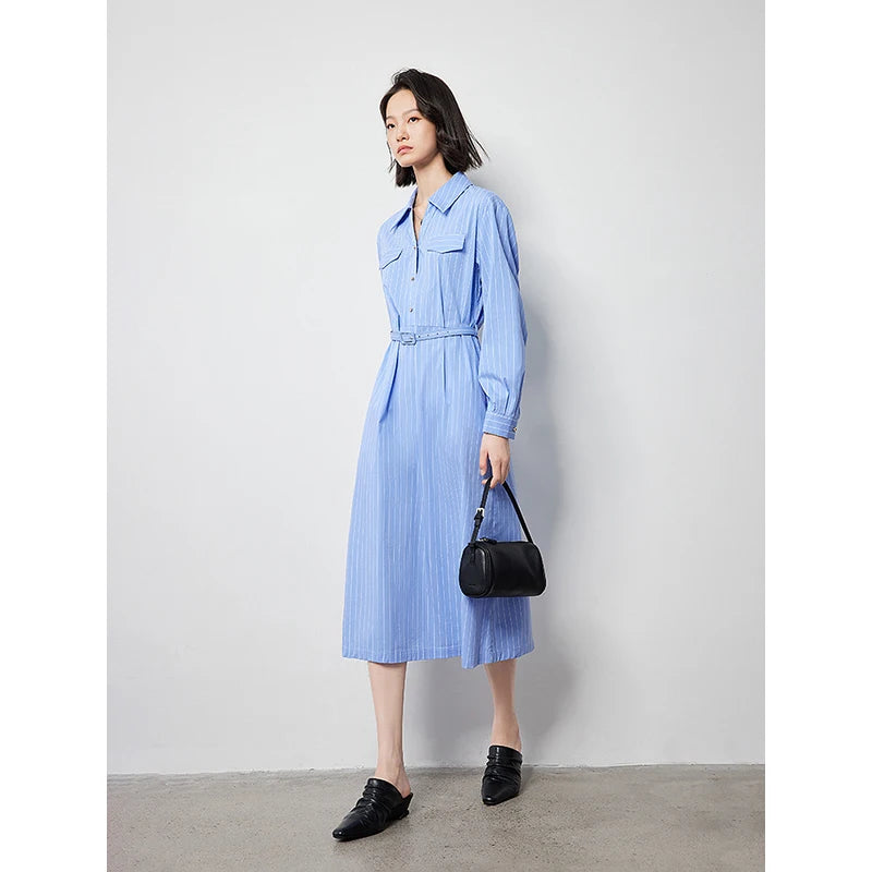 blue striped a-line shirt dress, view 2 - MRSLM