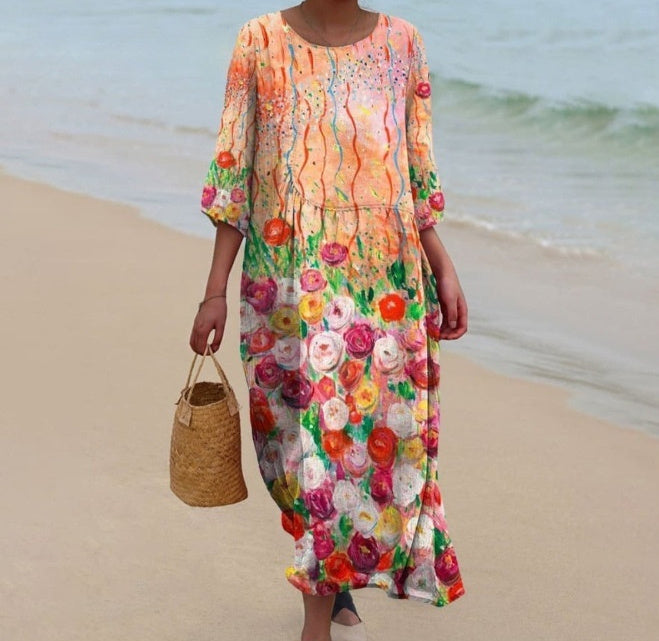 round-neck printed casual dress, view 6 - MRSLM