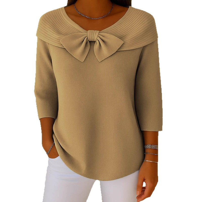 knitted bow solid color sweater, view 5 - MRSLM