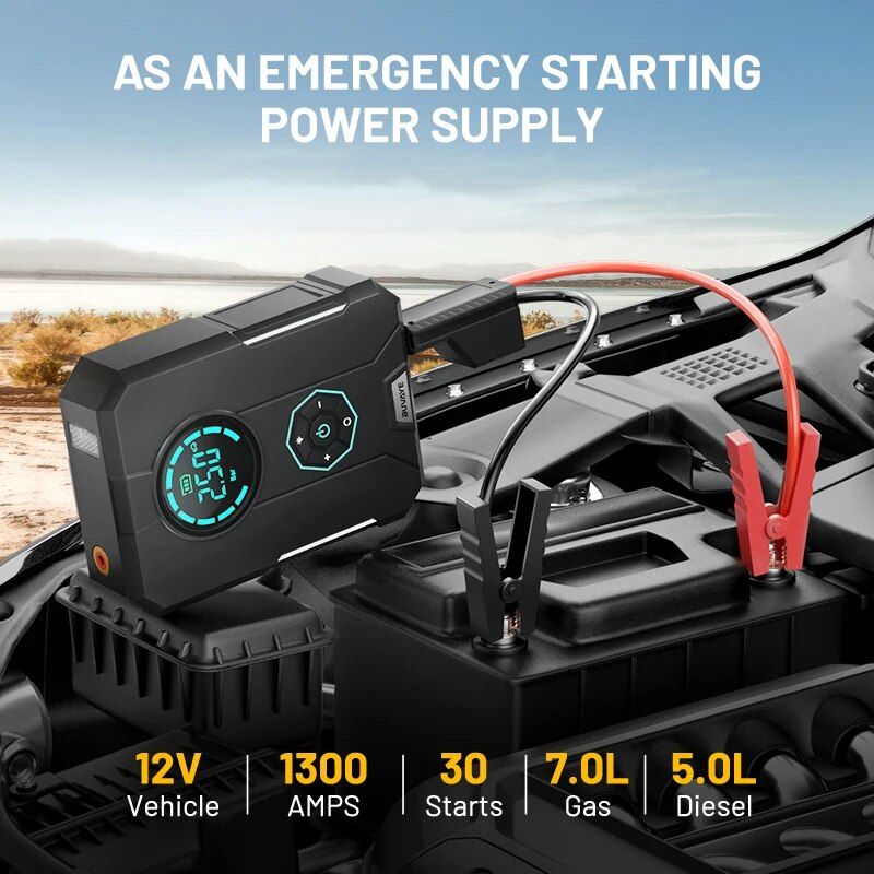 4-in-1 Car Jump Starter with Portable Air Compressor, Power Bank & Emergency Lighting