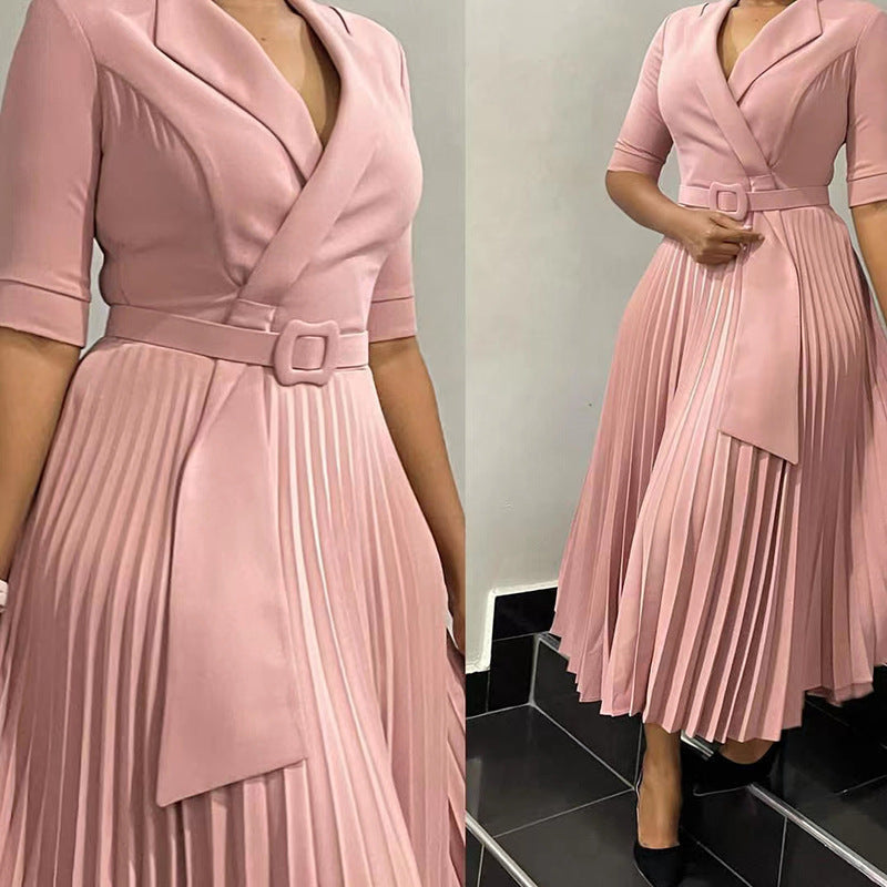 Women's tailored collar pleated waist dress, view 7 - MRSLM