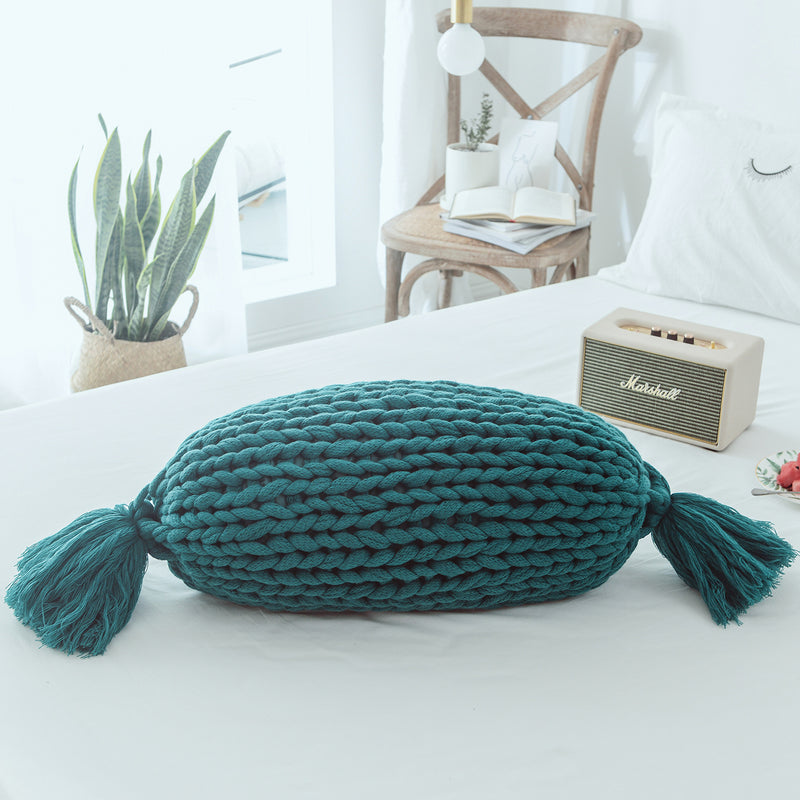 candy shape chunky knit pillow with tassels, view 4 - MRSLM