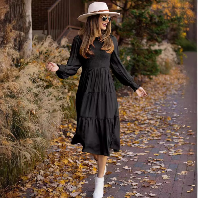 retro round-neck smocking dress, view 2 - MRSLM