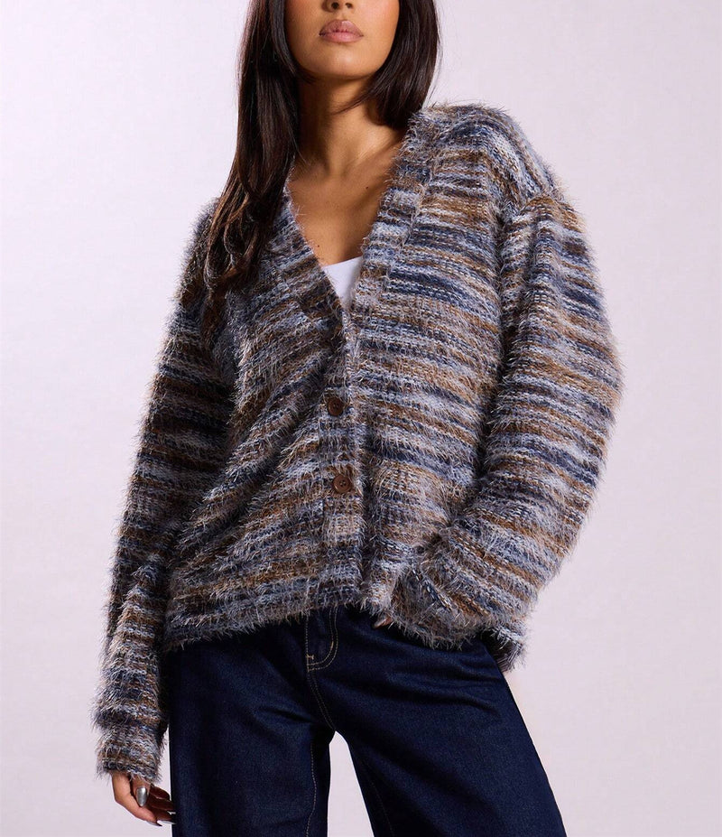 Women's fuzzy space-dye knit cardigan, view 8 - MRSLM