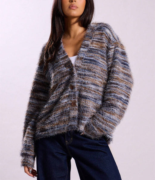 Women's fuzzy space-dye knit cardigan, view 8 - MRSLM