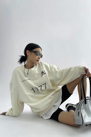 women's loose beige peplum sweatshirt, view 3 - MRSLM