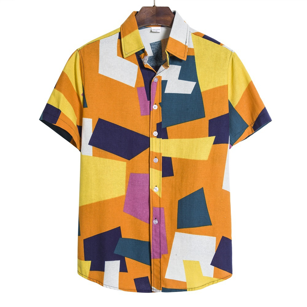 Camisas casuales de manga corta con bolsillo práctico de algodón con bloque de color para hombre