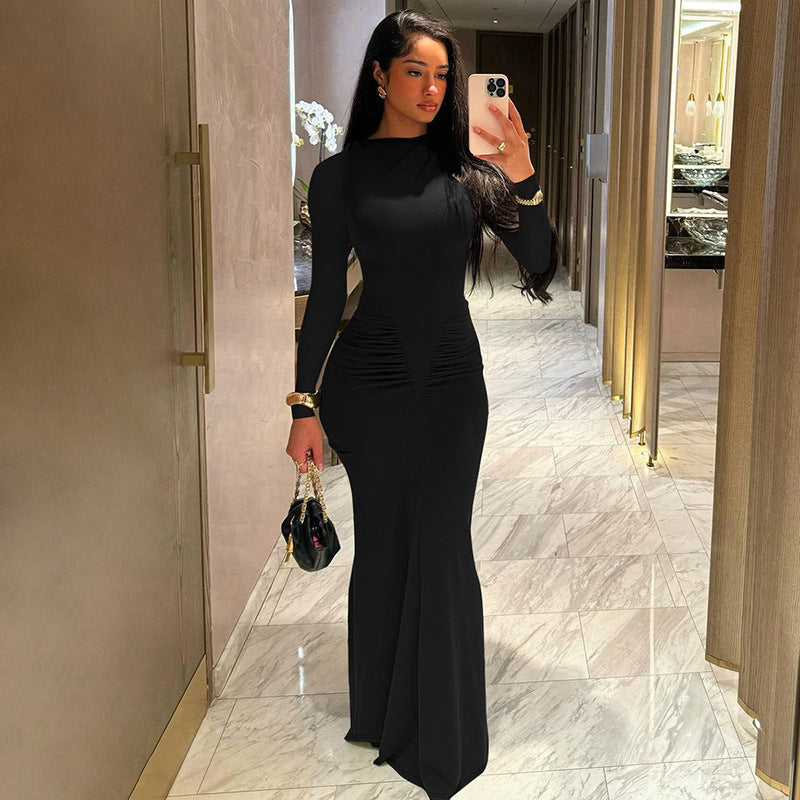long sleeve pleated dress, view 7 - MRSLM