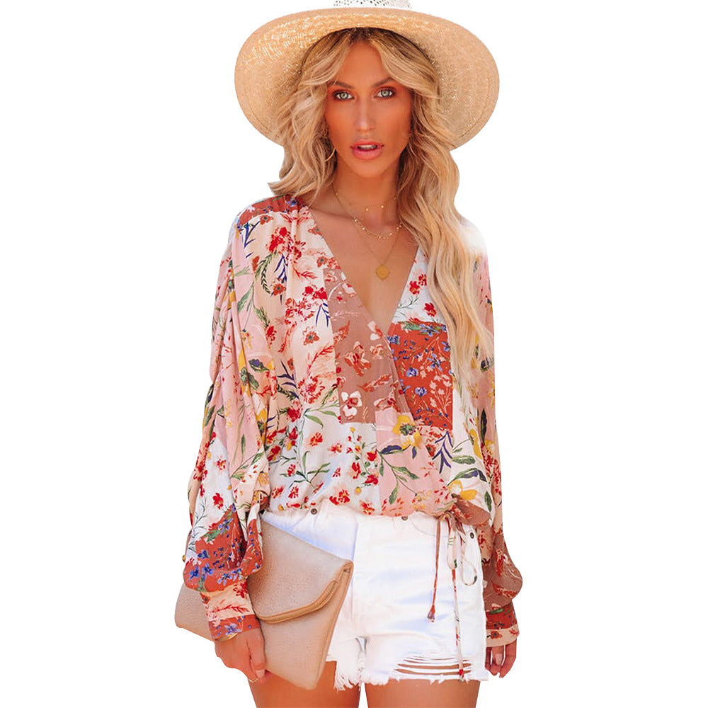 Spring And Summer Floral V-neck Long Sleeve Loose Casual Shirt