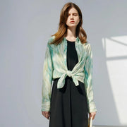 satin print long sleeve blouse, view 8 - MRSLM