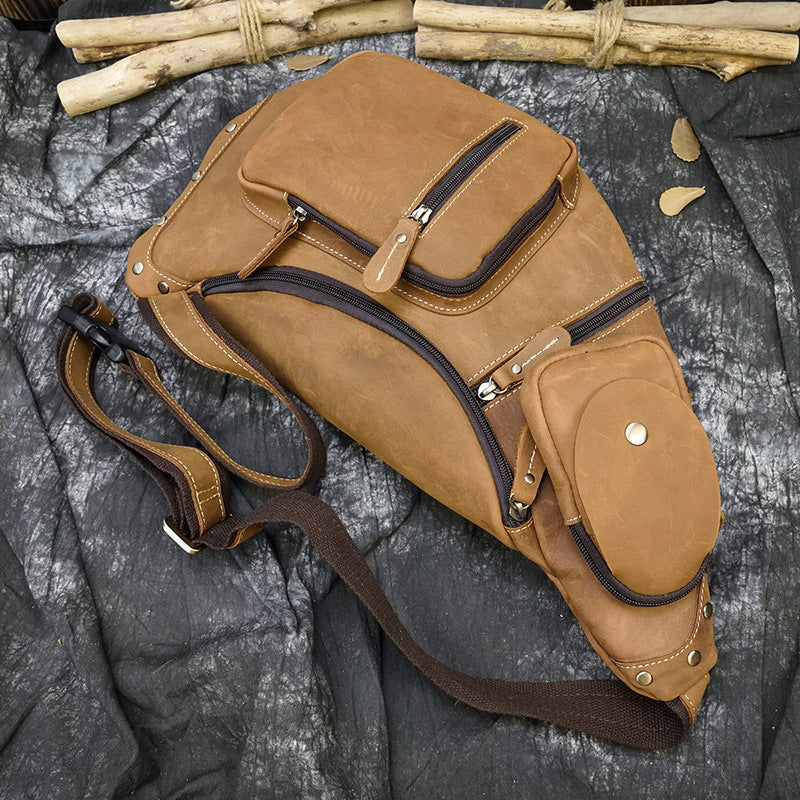 Retro men's crazy horse leather chest bag, view 6 - MRSLM