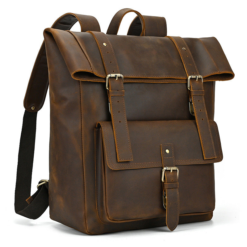 Retro Genuine Leather Backpack Men's Large-capacity Student First Layer Cowhide Travel