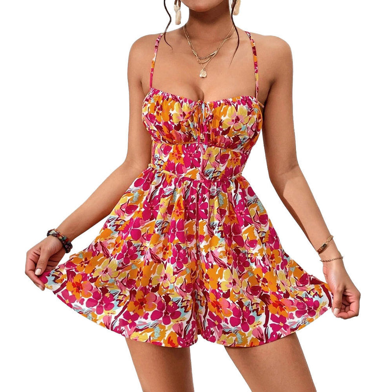 Women's floral print lace-up back short dress, view 6 - MRSLM