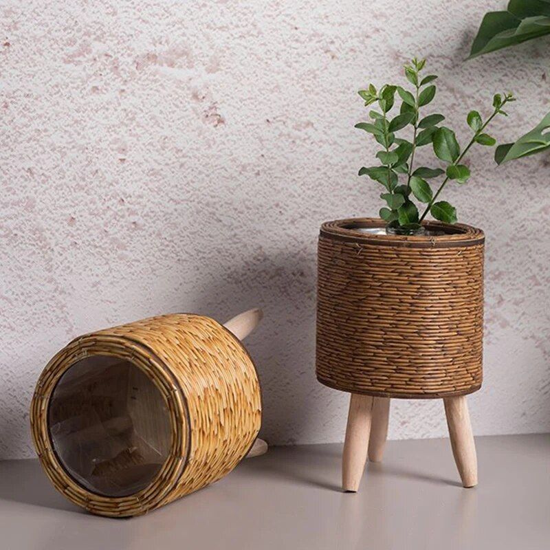 nordic woven plant stand with wooden legs, view 12 - MRSLM