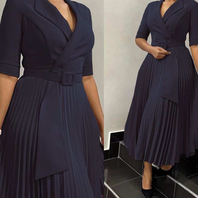 Women's tailored collar pleated waist dress, view 10 - MRSLM