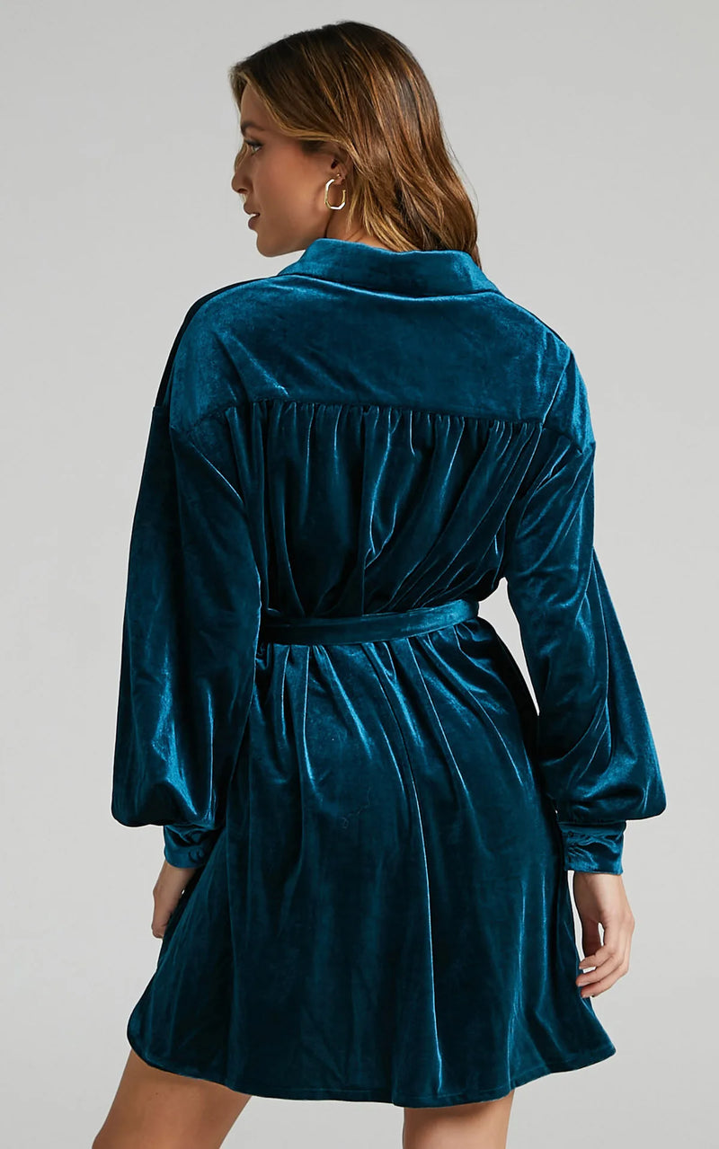 women's velvet long sleeve mini dress, view 4 - MRSLM
