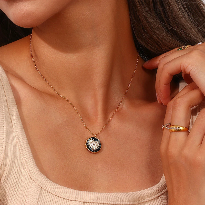 black and white enamel heart sunburst necklace, view 4 - MRSLM