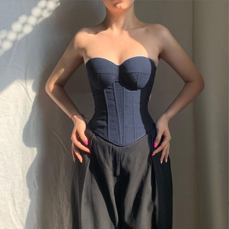 Y2K faux denim tube top with back-tied design, view 10 - MRSLM