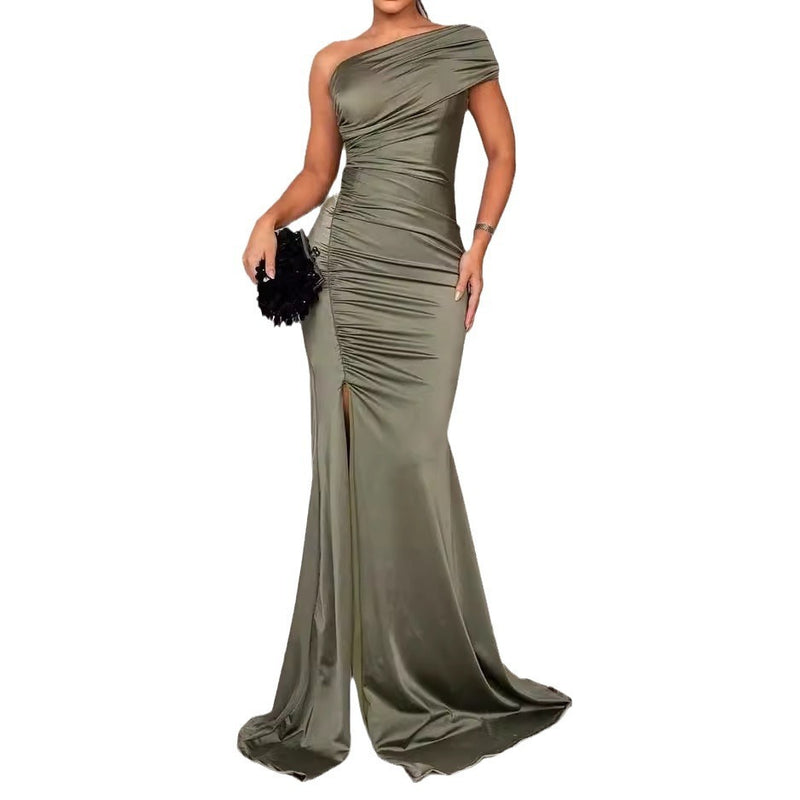 women's solid green asymmetric dress, view 5 - MRSLM