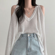 women's off shoulder v-neck thin knit top - MRSLM