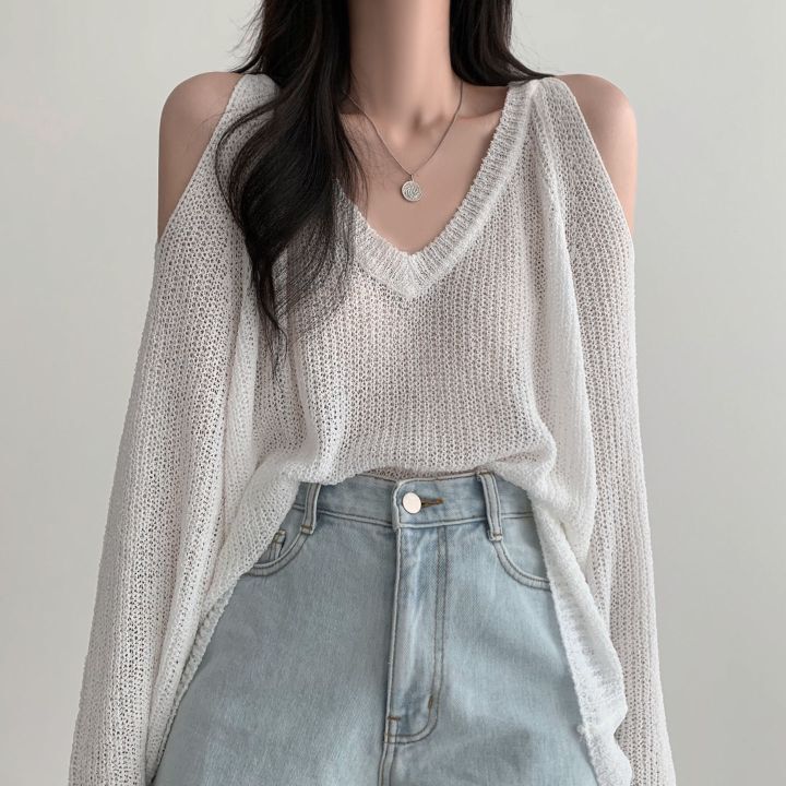 women's off shoulder v-neck thin knit top - MRSLM