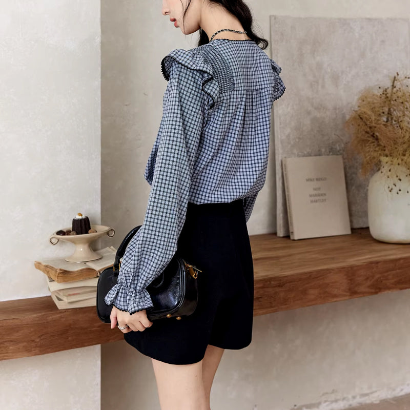 plaid ruffle sleeve v-neck blouse, view 5 - MRSLM