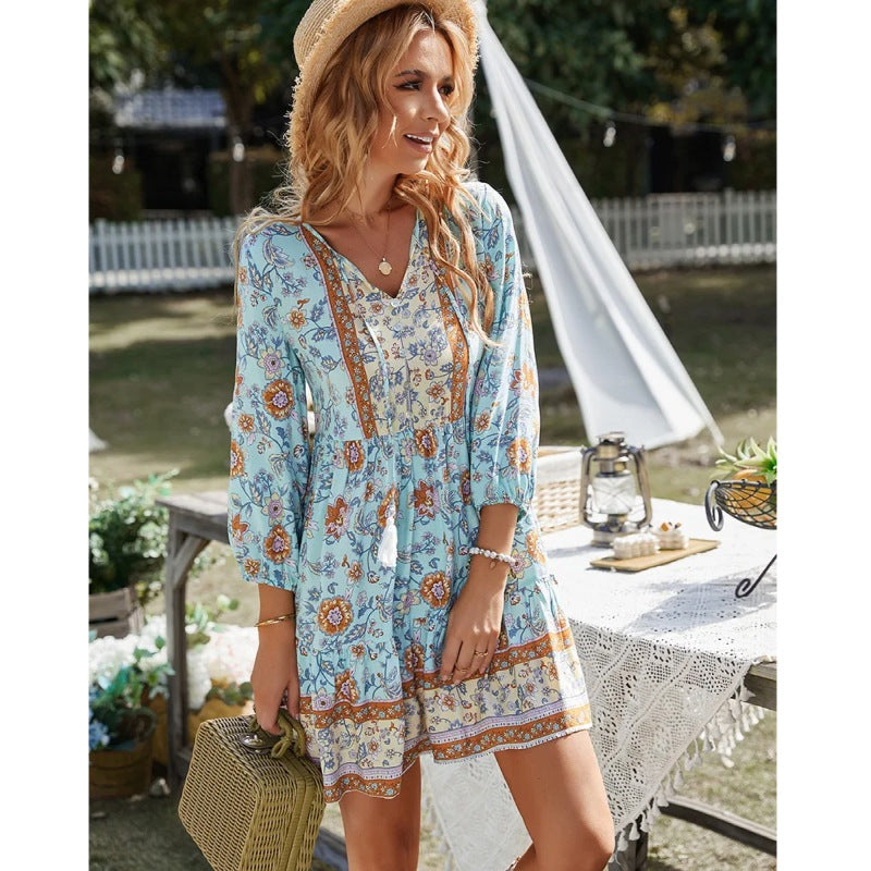 bohemian v-neck mini dress, view 6 - MRSLM