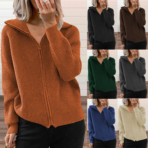 women's striped knit zip cardigan coat - MRSLM
