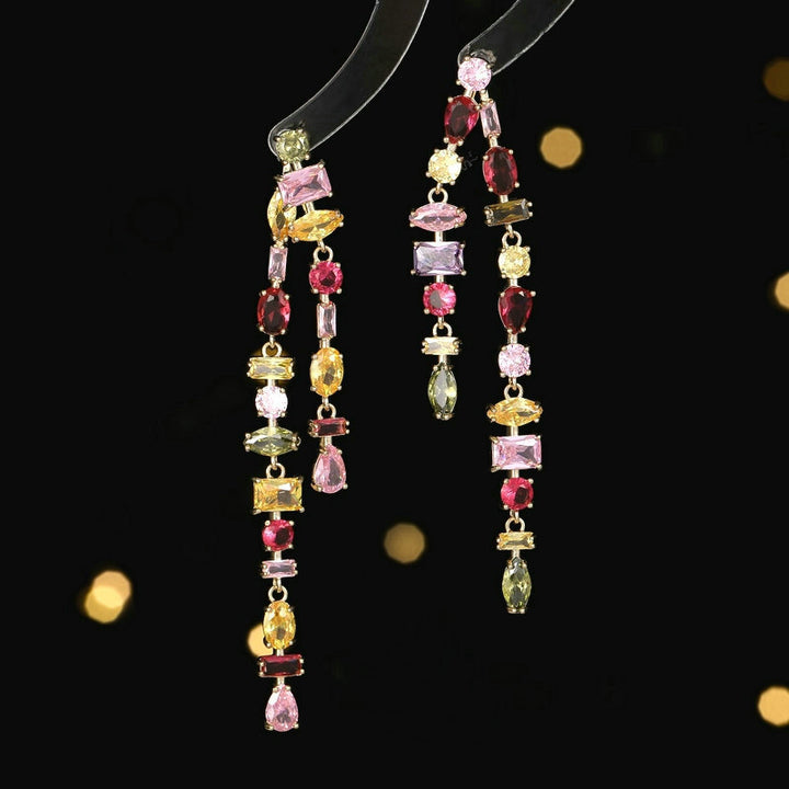 Geometric Color Zircon Double Tassel Earrings