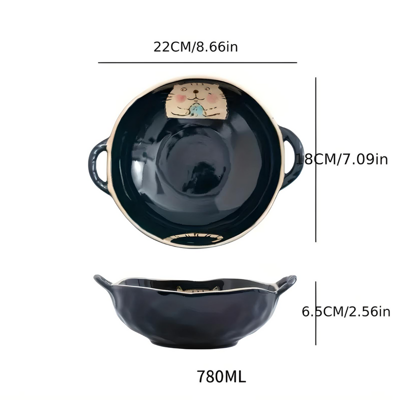 Cat design ceramic soup bowl with handle, view 5 - MRSLM