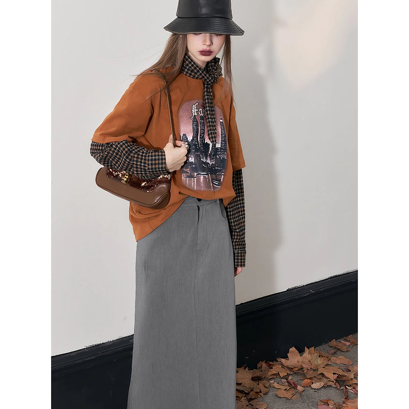 Graphic spliced long sleeve T-shirt, view 6 - MRSLM