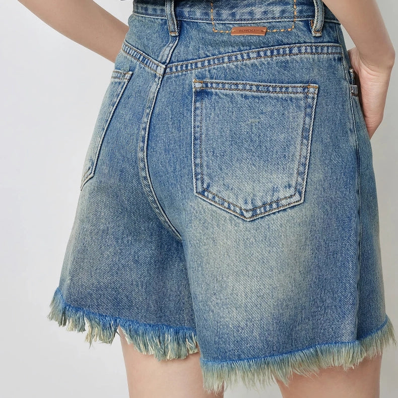 high waist tassel denim shorts, view 7 - MRSLM