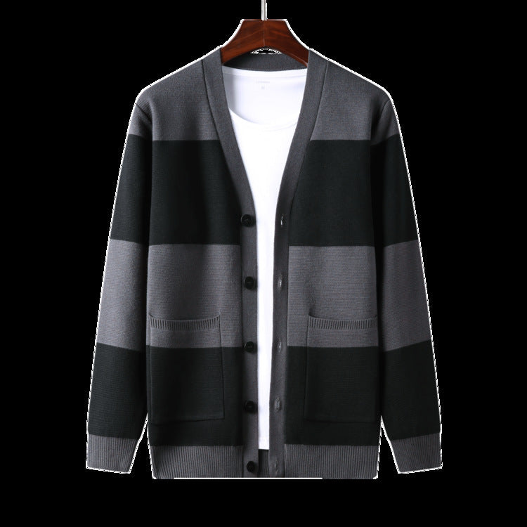 Spring And Autumn Men's Striped Cardigan Single-breasted Long Sleeve Color Matching Casual Sweater Coat