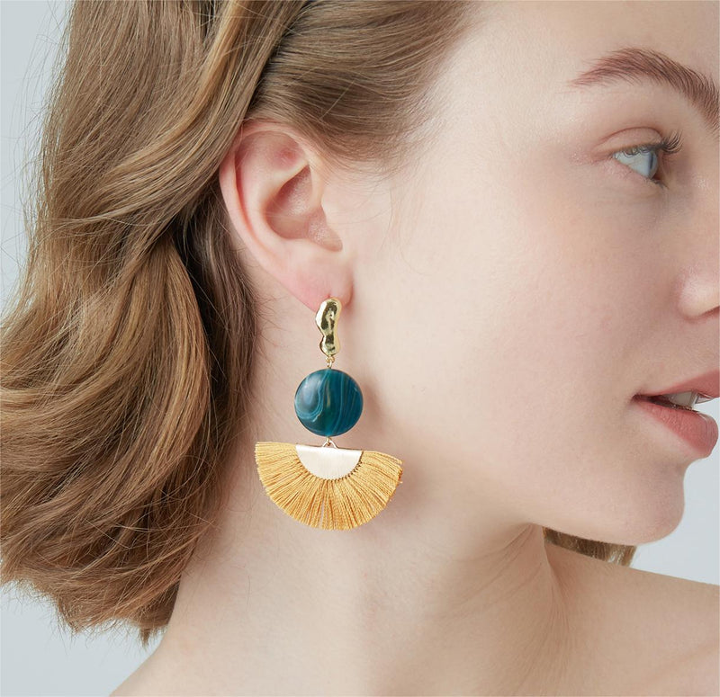 silver resin fan tassel earrings, view 5 - MRSLM