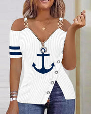 anchor print v-neck zipper t-shirt, view 3 - MRSLM