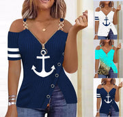 anchor print v-neck zipper t-shirt - MRSLM
