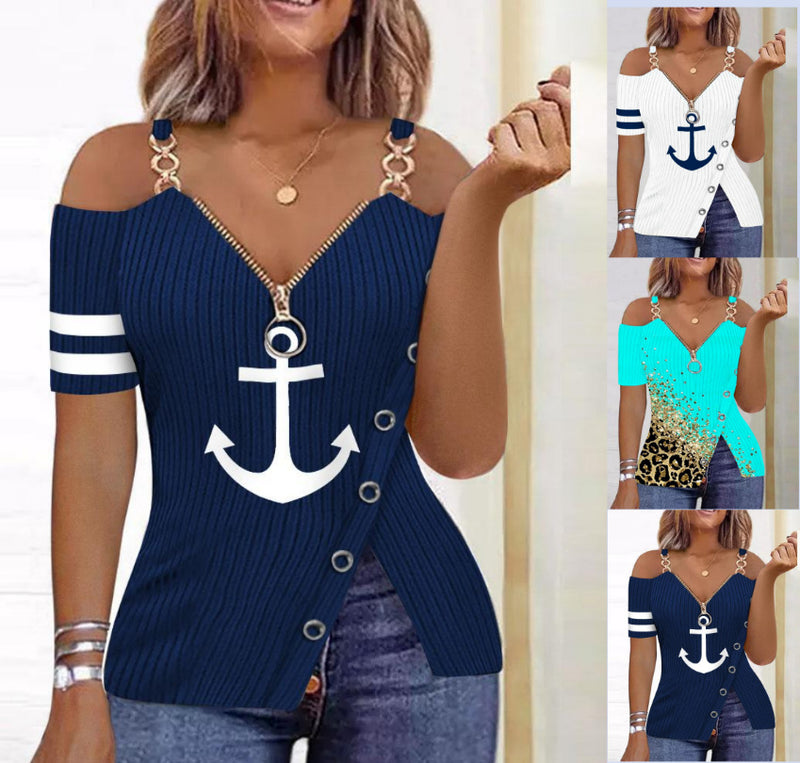 anchor print v-neck zipper t-shirt - MRSLM
