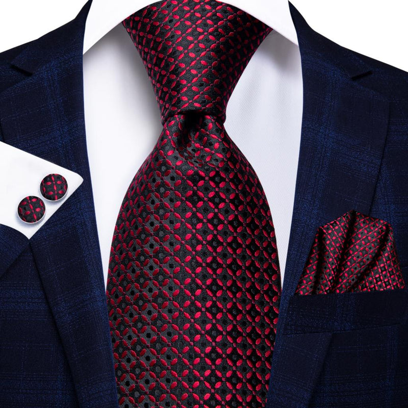 Burgundy black plaid silk necktie set, view 2 - MRSLM