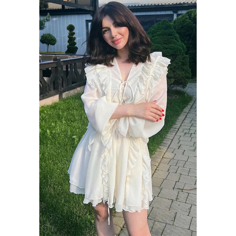 v-neck lace-up ruffled mini dress, view 5 - MRSLM