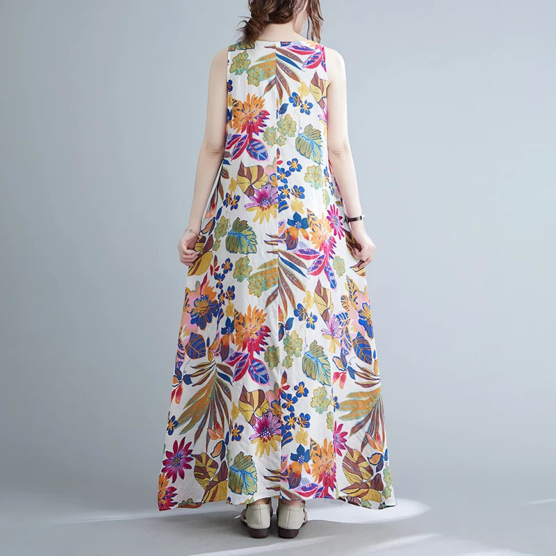 floral print cotton linen long dress, view 6 - MRSLM
