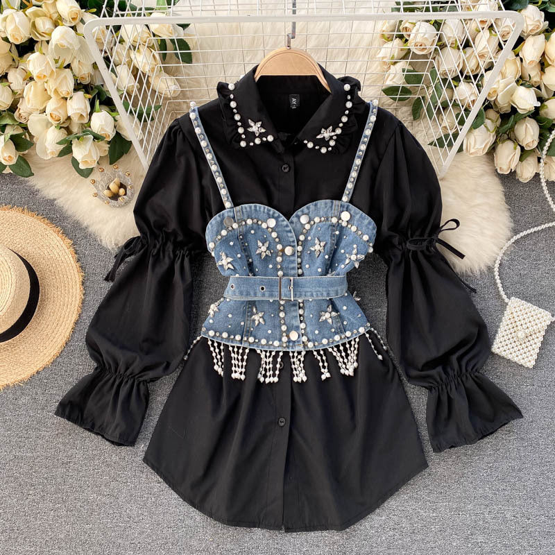 Diamond Beaded Puff Sleeve Shirt Top Tassel Pearl Sling Vest Two-piece Set