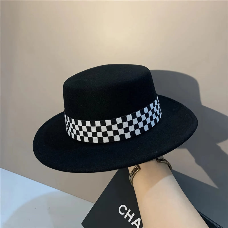 checkerboard wool fedora hat, view 3 - MRSLM