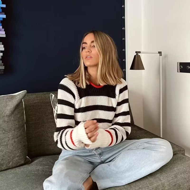 Women's lace-up striped plaid sweater - MRSLM