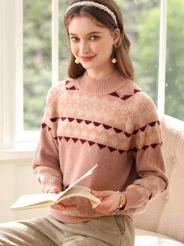 women's mock neck jacquard sweater, view 3 - MRSLM