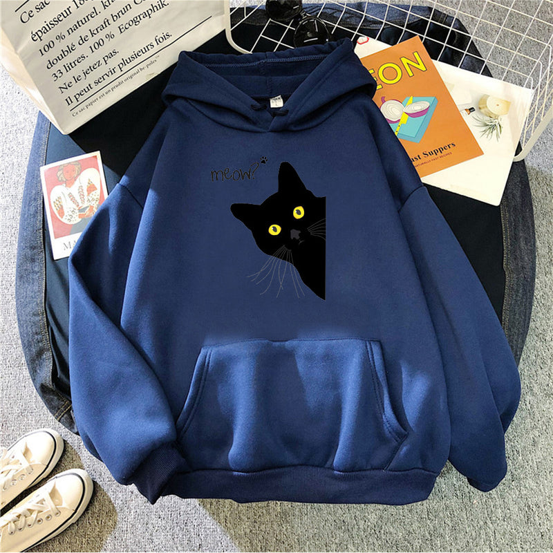 black cat print hooded sweater, view 8 - MRSLM