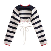 Women's lace-up striped plaid sweater, view 2 - MRSLM