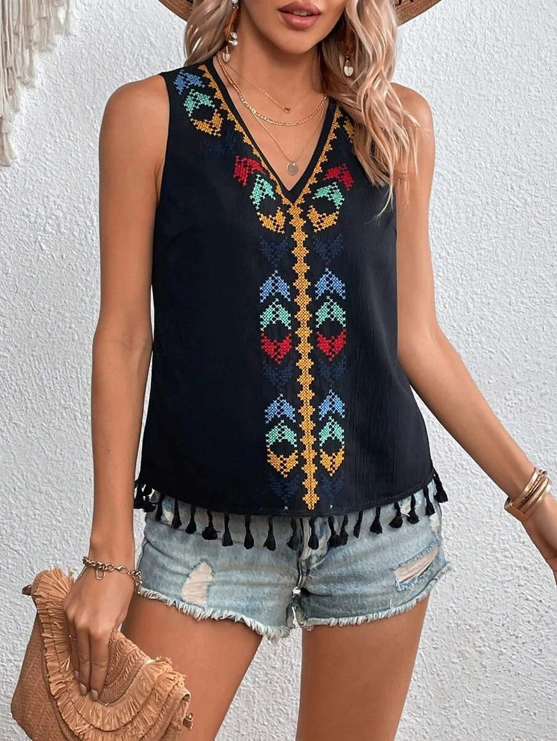 women's ethnic style v-neck embroidered vest top, view 4 - MRSLM