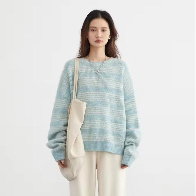 women's loose striped round neck sweater - MRSLM