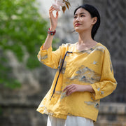 retro crane print linen zen shirt, view 6 - MRSLM